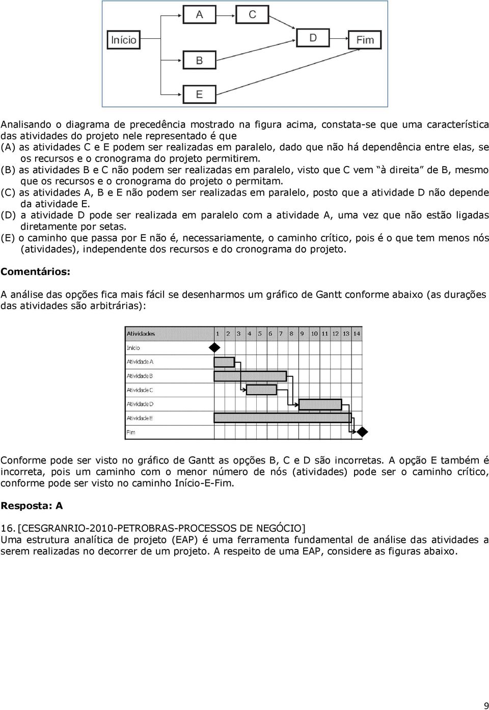 (B) as atividades B e C não podem ser realizadas em paralelo, visto que C vem à direita de B, mesmo que os recursos e o cronograma do projeto o permitam.