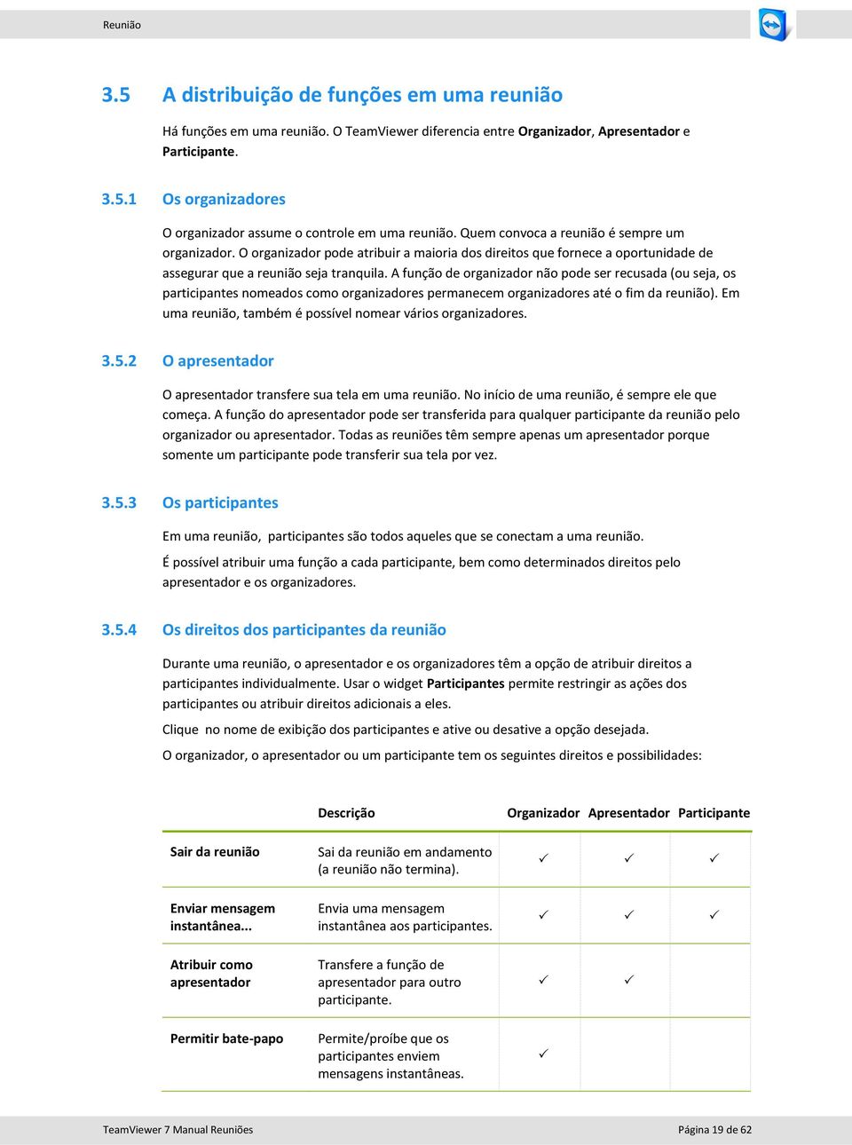 A função de organizador não pode ser recusada (ou seja, os participantes nomeados como organizadores permanecem organizadores até o fim da reunião).