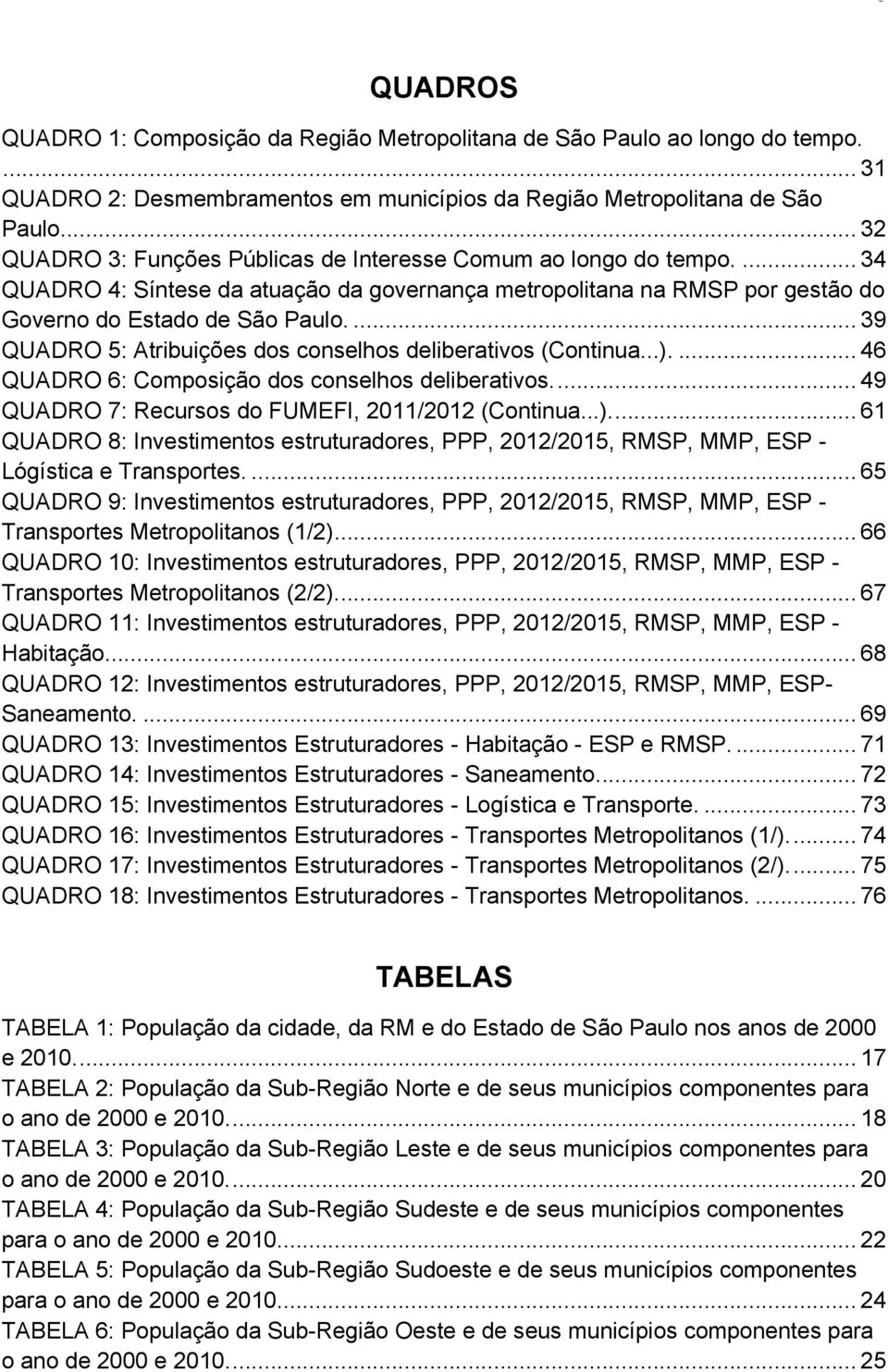 ... 39 QUADRO 5: Atribuições dos conselhos deliberativos (Continua...).... 46 QUADRO 6: Composição dos conselhos deliberativos.... 49 QUADRO 7: Recursos do FUMEFI, 2011/2012 (Continua...).... 61 QUADRO 8: Investimentos estruturadores, PPP, 2012/2015, RMSP, MMP, ESP - Lógística e Transportes.