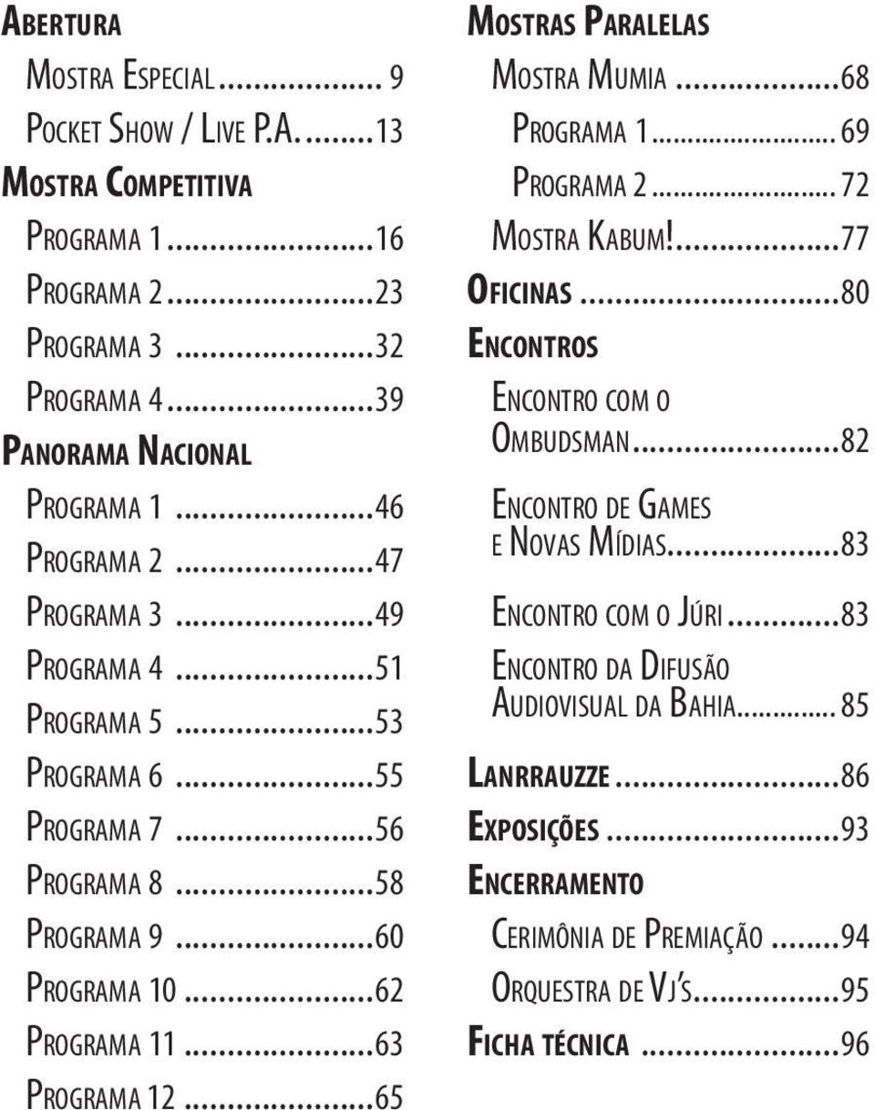 ..58 Pro g r a m a 9...60 Pro g r a m a 10...62 Pro g r a m a 11...63 Pro g r a m a 12...65 Mostras Paralelas Mo s t r a Mu m i a...68 pro g r a m a 1... 69 pro g r a m a 2... 72 Mo s t r a Ka b u m!