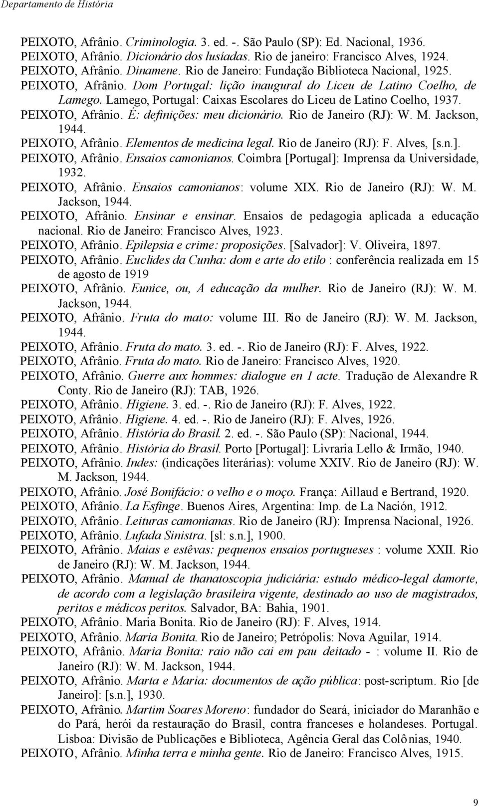 Lamego, Portugal: Caixas Escolares do Liceu de Latino Coelho, 1937. PEIXOTO, Afrânio. É: definições: meu dicionário. Rio de Janeiro (RJ): W. M. Jackson, 1944. PEIXOTO, Afrânio. Elementos de medicina legal.