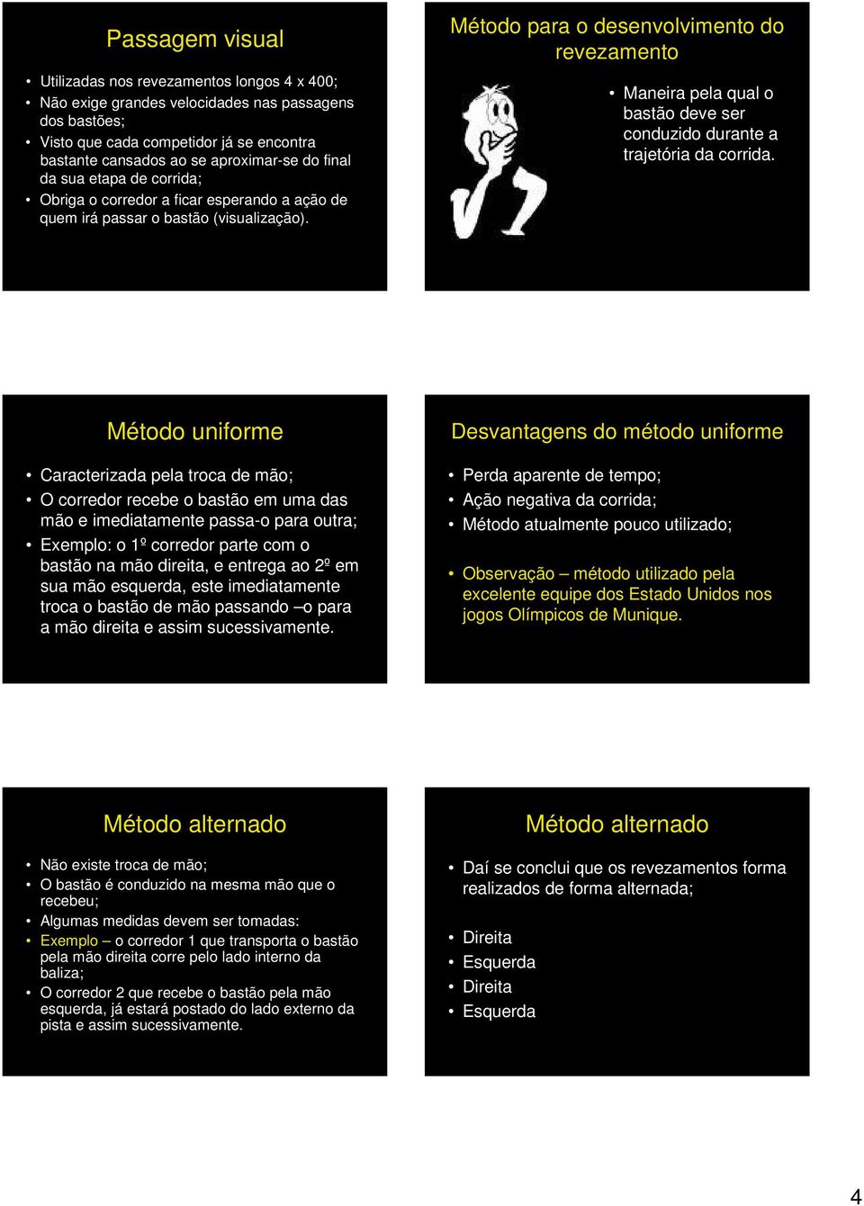 Método para o desenvolvimento do revezamento Maneira pela qual o bastão deve ser conduzido durante a trajetória da corrida.