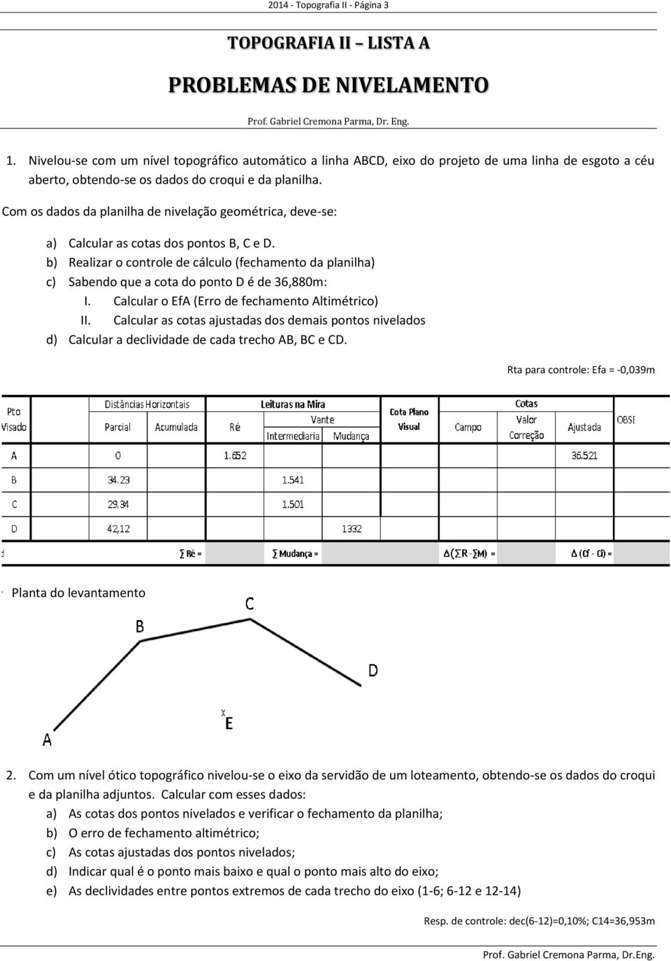 Com os dados da planilha de nivelação geométrica, deve-se: a) Calcular as cotas dos pontos B, C e D.