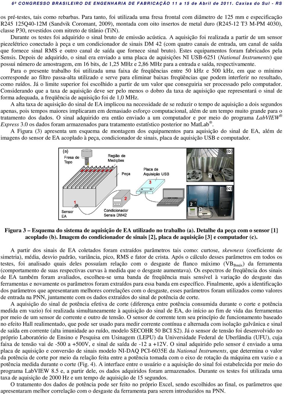 P30, revestidos com nitreto de titânio (TiN). Durante os testes foi adquirido o sinal bruto de emissão acústica.