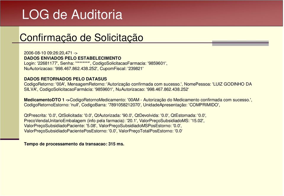 ', NomePessoa: 'LUIZ GODINHO DA SILVA', CodigoSolicitacaoFarmácia: '9859601', NuAutorizacao: '998.467.862.438.