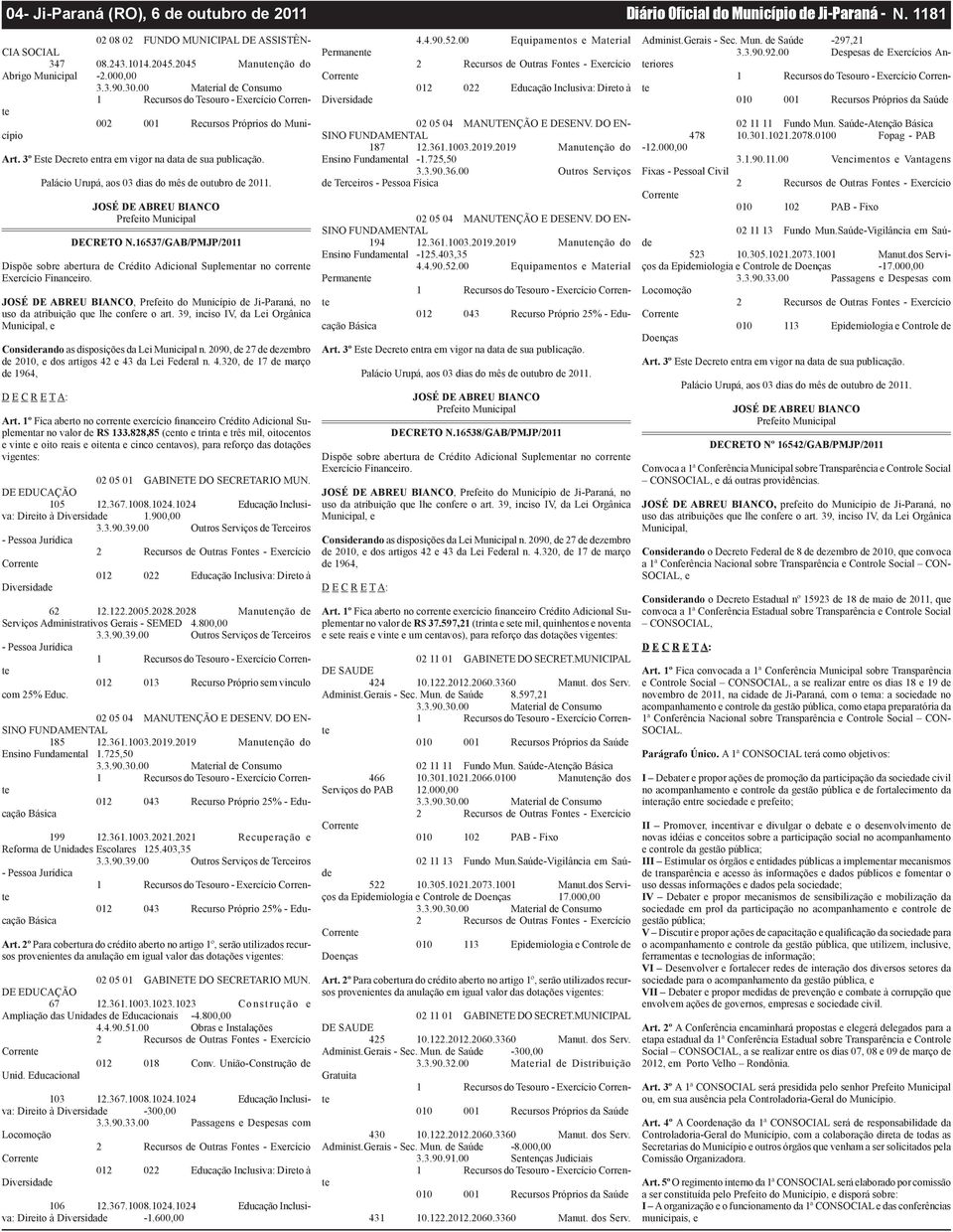 16537/GAB/PMJP/2011 Dispõe sobre abertura de Crédito Adicional Suplementar no corrente Exercício Financeiro., Prefeito do Município de Ji-Paraná, no uso da atribuição que lhe confere o art.