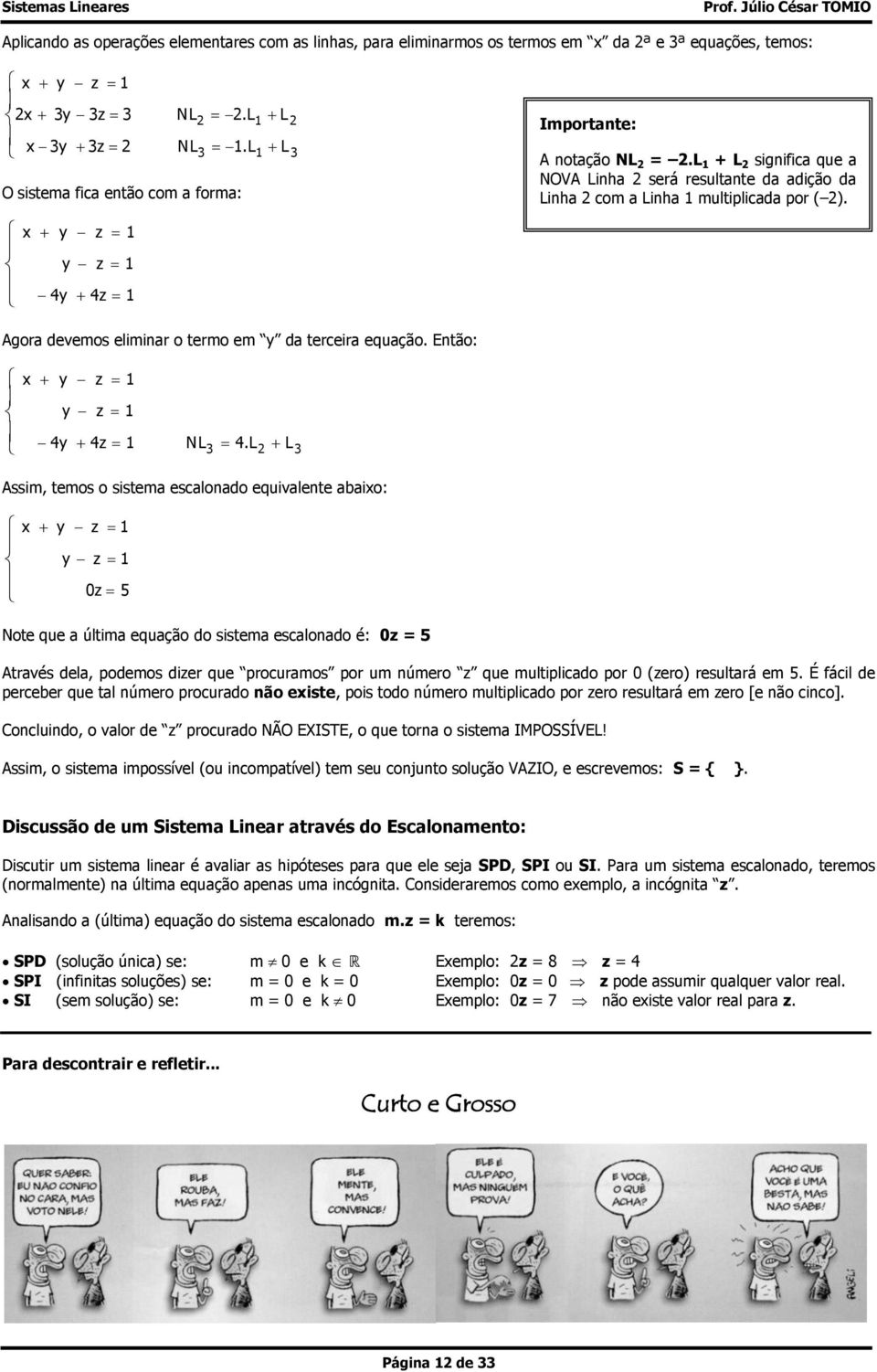 Agora devemos eliminar o termo em y da terceira equação. Então: y y z y z z NL.