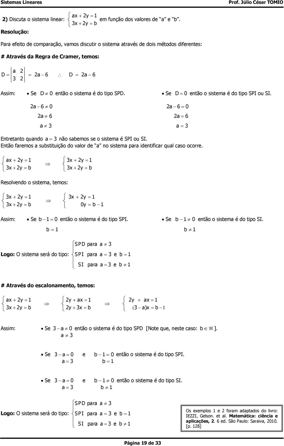 Se D então o sistema é do tipo SPI ou SI. a 6 a 6 a 6 a 6 a a Entretanto quando a não sabemos se o sistema é SPI ou SI.