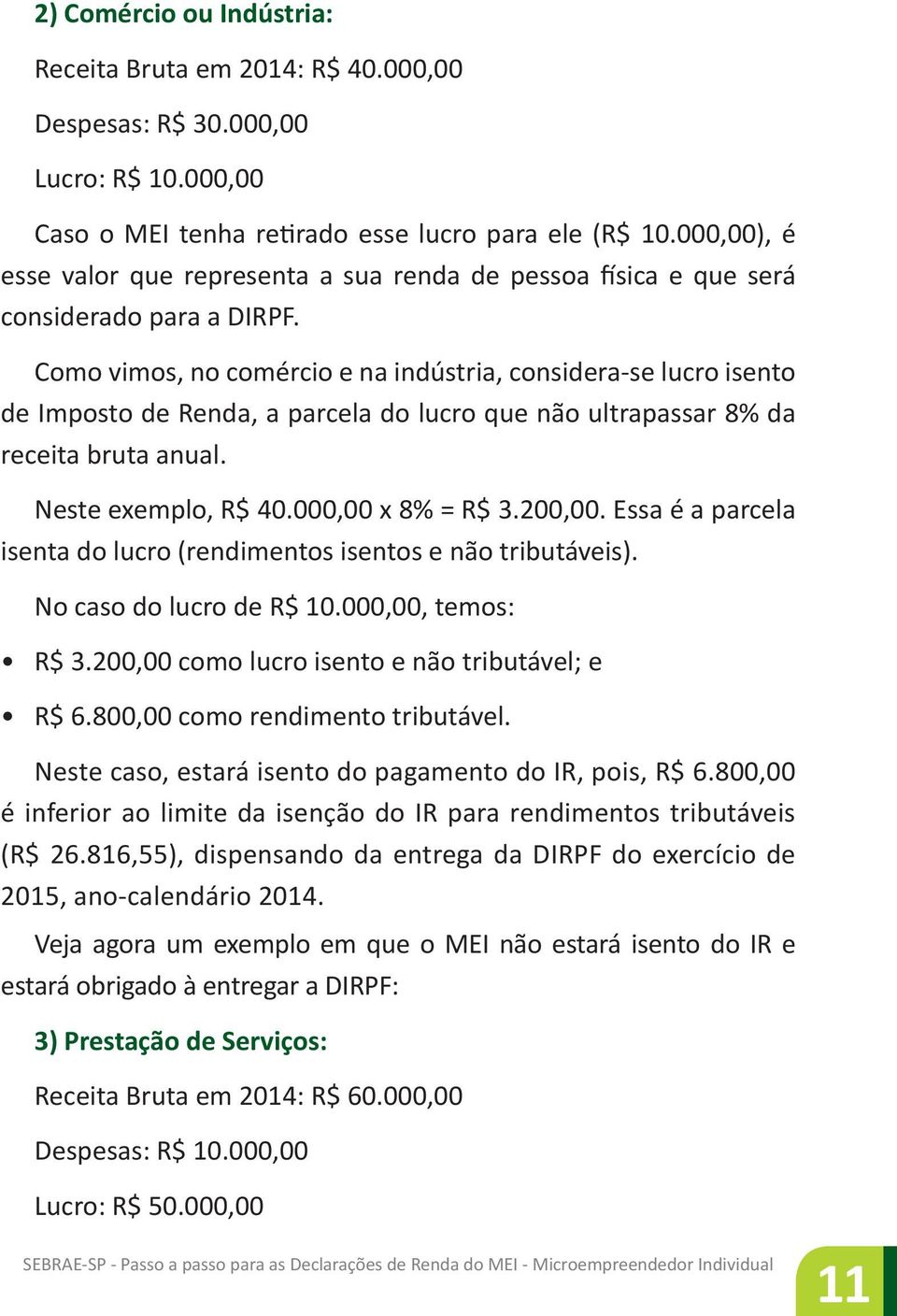 Como vimos, no comércio e na indústria, considera-se lucro isento de Imposto de Renda, a parcela do lucro que não ultrapassar 8% da receita bruta anual. Neste exemplo, 40.000,00 x 8% = 3.200,00.