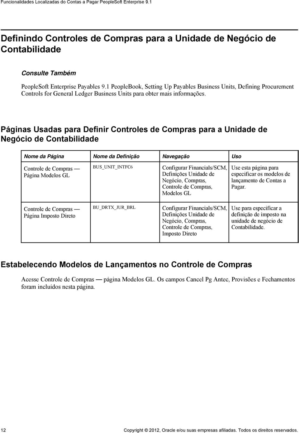 Páginas Usadas para Definir Controles de Compras para a Unidade de Negócio de Contabilidade Nome da Página Nome da Definição Navegação Uso Controle de Compras Página Modelos GL BUS_UNIT_INTFC6