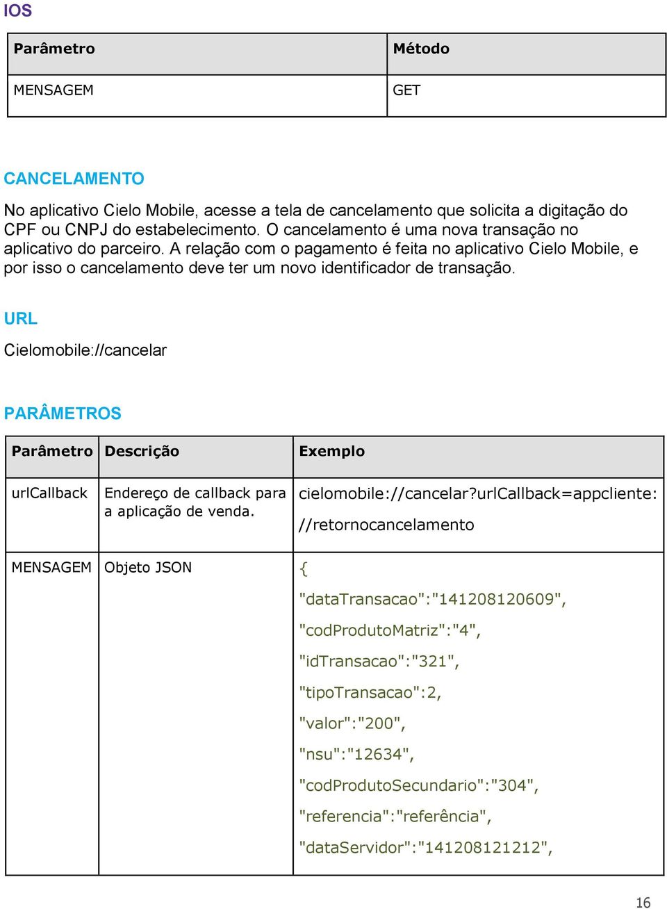 URL Cielomobile://cancelar PARÂMETROS Parâmetro Descrição Exemplo urlcallback Endereço de callback para a aplicação de venda. cielomobile://cancelar?