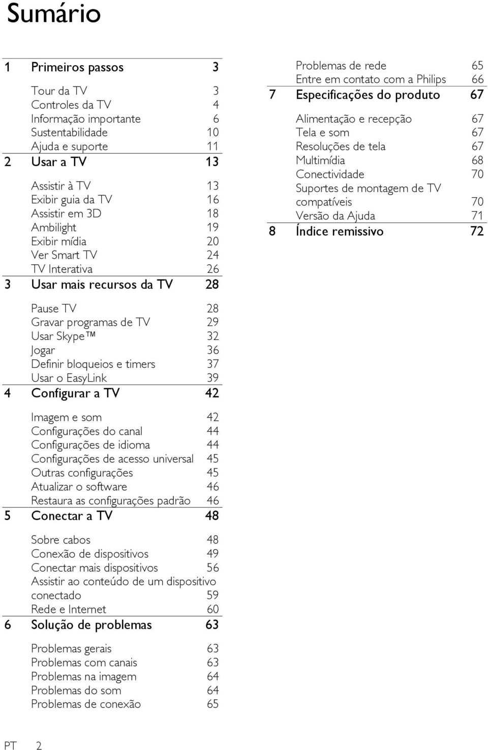 39 4 Configurar a TV 42 Imagem e som 42 Configurações do canal 44 Configurações de idioma 44 Configurações de acesso universal 45 Outras configurações 45 Atualizar o software 46 Restaura as