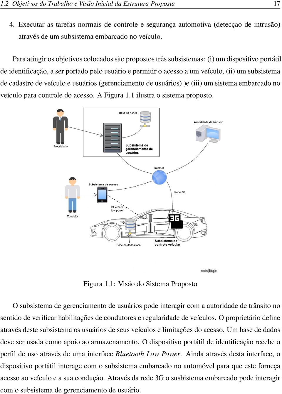 Para atingir os objetivos colocados são propostos três subsistemas: (i) um dispositivo portátil de identificação, a ser portado pelo usuário e permitir o acesso a um veículo, (ii) um subsistema de