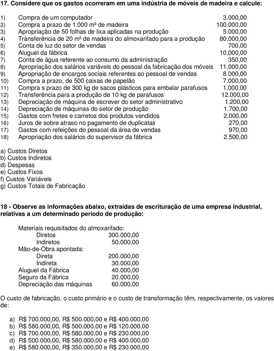 000,00 5) Conta de luz do setor de vendas 700,00 6) Aluguel da fábrica 10.