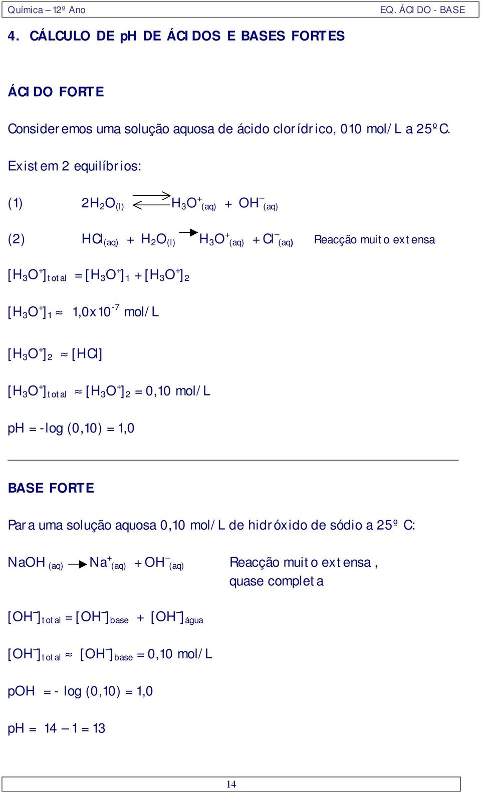 [H 3 O + ] 2 [H 3 O + ] 1 1,0x10-7 mol/l [H 3 O + ] 2 [HCl] [H 3 O + ] total [H 3 O + ] 2 0,10 mol/l ph -log (0,10) 1,0 BASE FORTE Para uma solução aquosa 0,10