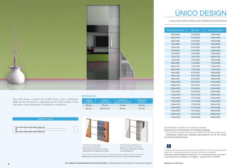 1700x2180 800x2400 77x2400 1700x2480 900x2000 87x2000 1900x2080 Tem como base o caixilho do modelo Único, com a particularidade de não necessitar a aplicação de aro.