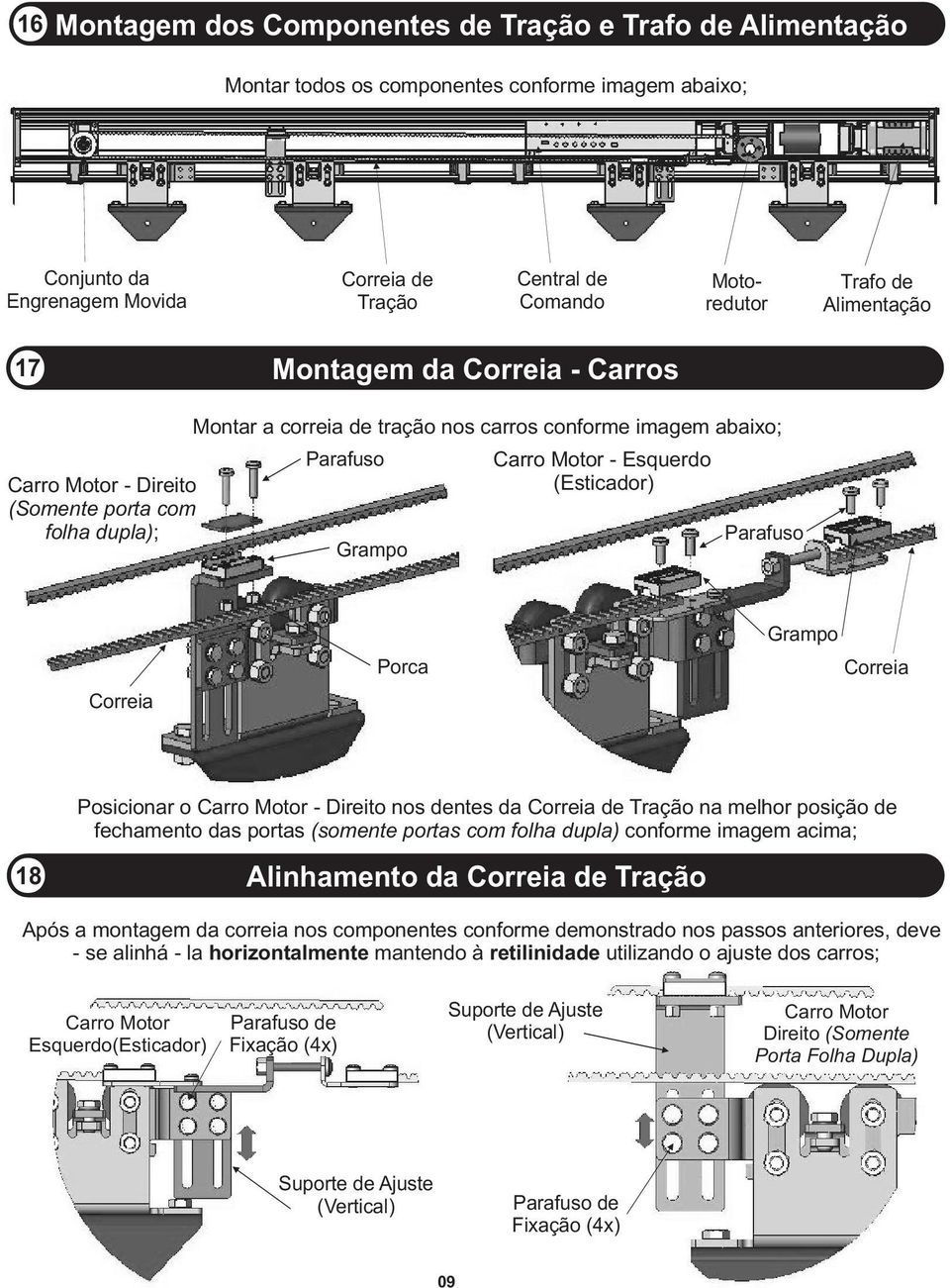 Esquerdo (Esticador) Parafuso Correia Porca Grampo Correia Posicionar o Carro Motor - Direito nos dentes da Correia de Tração na melhor posição de fechamento das portas (somente portas com folha