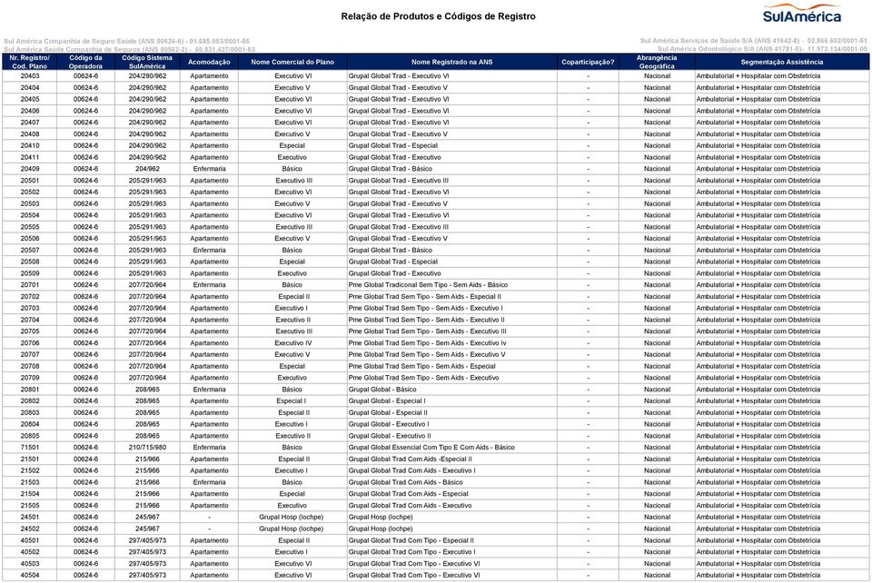 Hospitalar com Obstetrícia 20406 00624-6 204/290/962 Apartamento Executivo VI Grupal Global Trad - Executivo VI - Nacional Ambulatorial + Hospitalar com Obstetrícia 20407 00624-6 204/290/962
