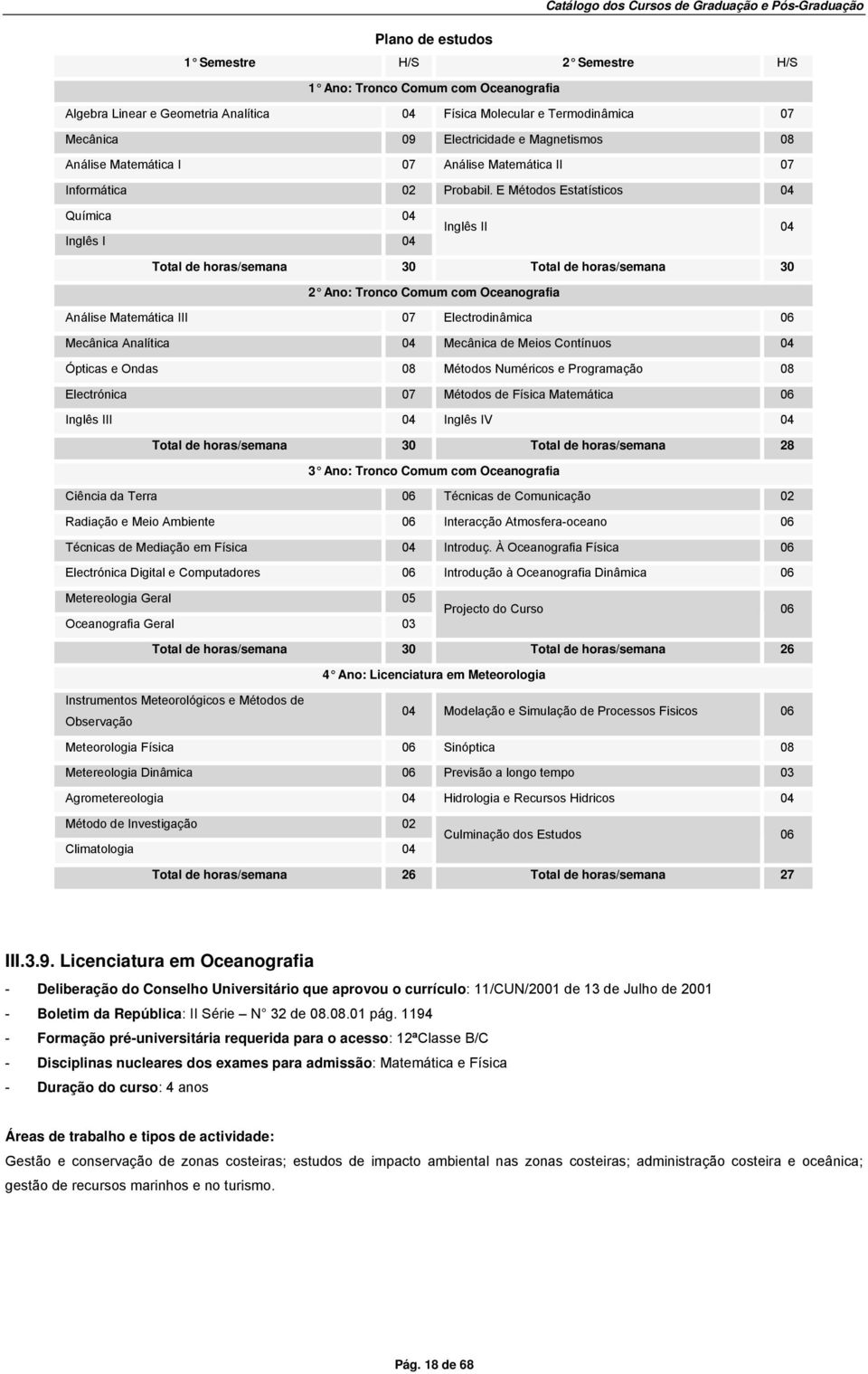 E Métodos Estatísticos 04 Química 04 Inglês I 04 Inglês II 04 Total de horas/semana 30 Total de horas/semana 30 : Tronco Comum com Oceanografia Análise Matemática III 07 Electrodinâmica 06 Mecânica