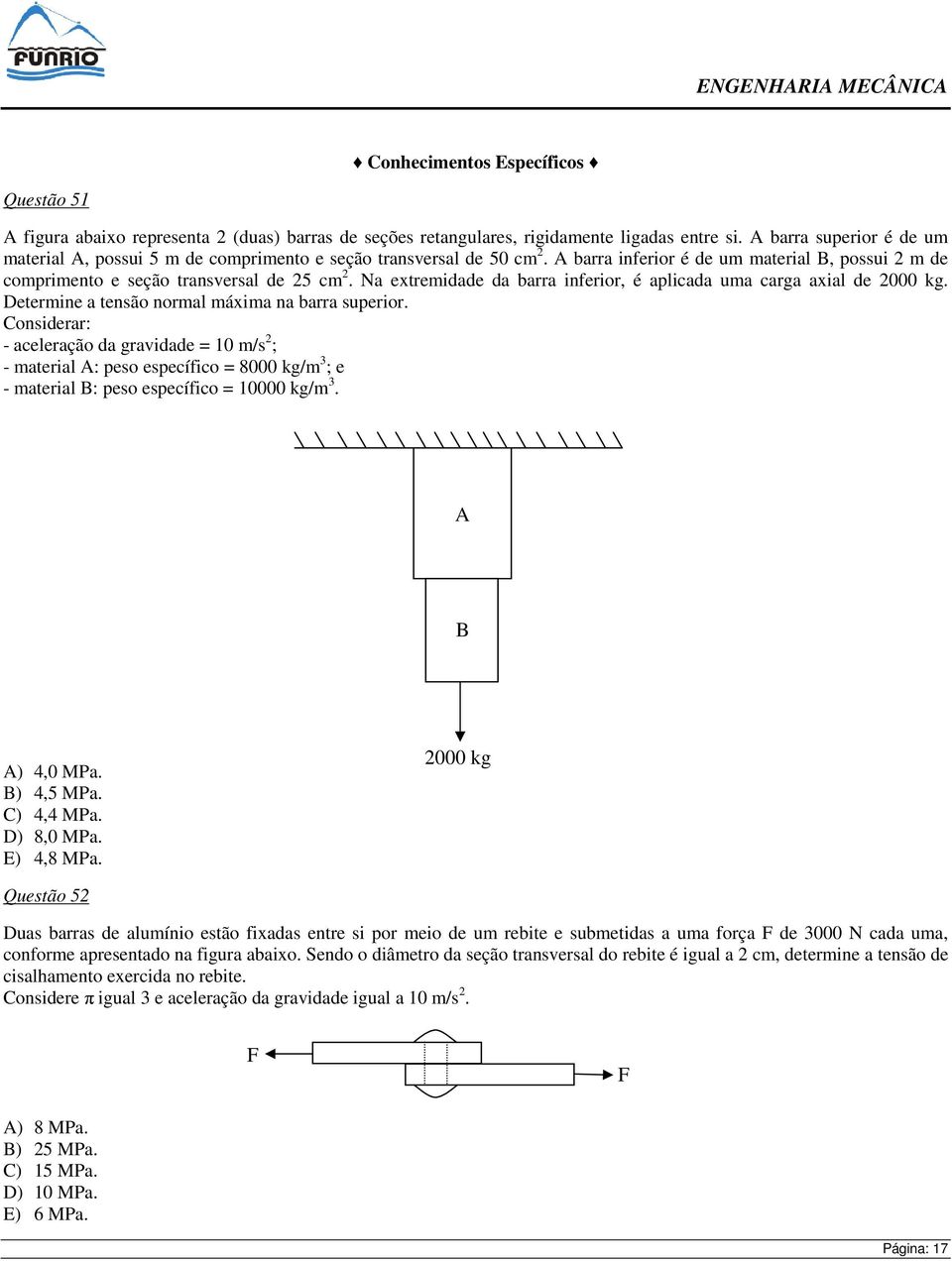 Na extremidade da barra inferior, é aplicada uma carga axial de 2000 kg. Determine a tensão normal máxima na barra superior.