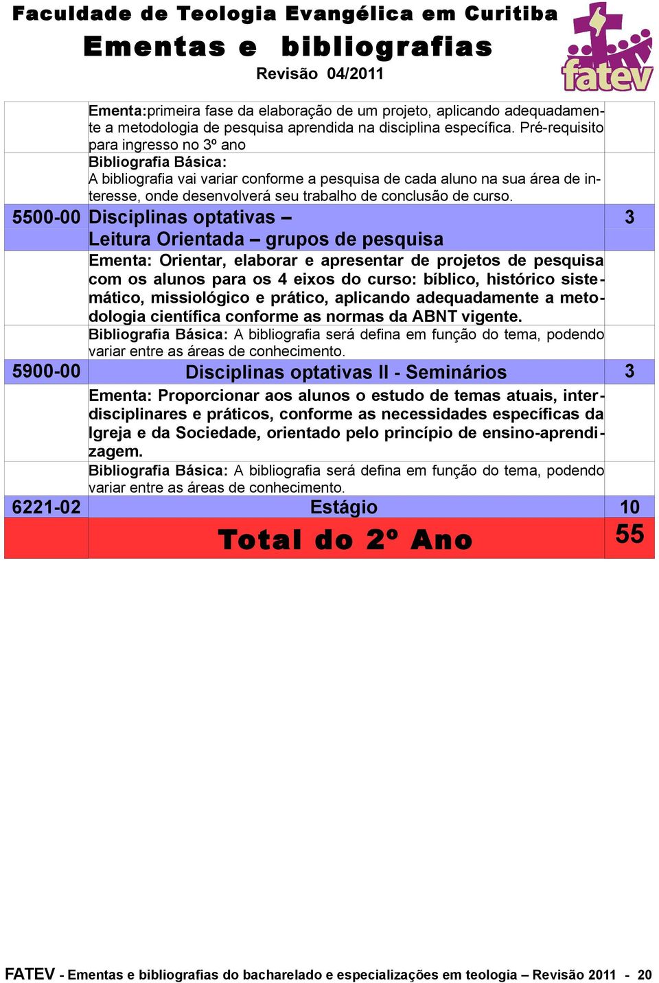 5500-00 Disciplinas optativas Leitura Orientada grupos de pesquisa Ementa: Orientar, elaborar e apresentar de projetos de pesquisa com os alunos para os 4 eixos do curso: bíblico, histórico