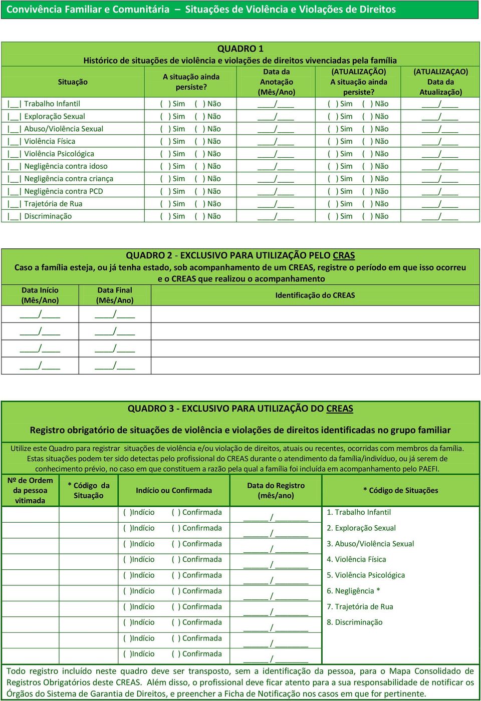 (ATUALIZAÇAO) Data da Atualização) Trabalho Infantil ( ) Sim ( ) Não / ( ) Sim ( ) Não / Exploração Sexual ( ) Sim ( ) Não / ( ) Sim ( ) Não / Abuso/Violência Sexual ( ) Sim ( ) Não / ( ) Sim ( ) Não