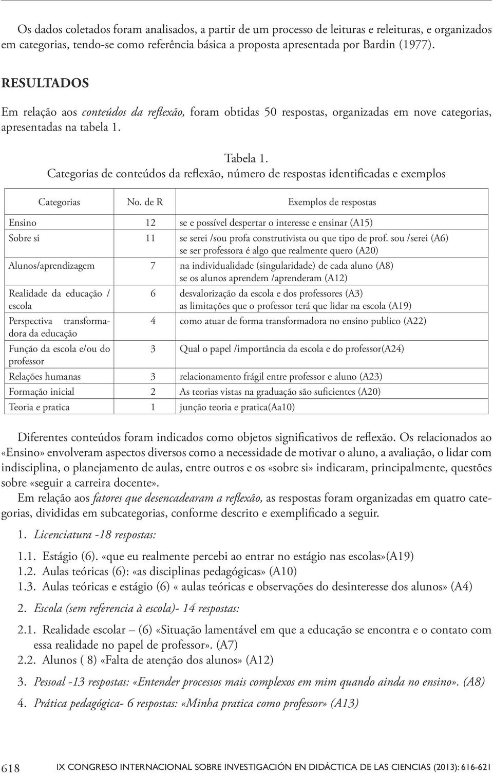 Categorias de conteúdos da reflexão, número de respostas identificadas e exemplos Categorias No.
