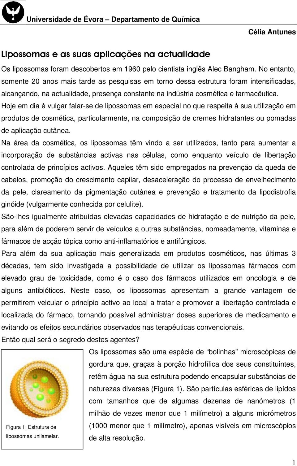 Hoje em dia é vulgar falar-se de lipossomas em especial no que respeita à sua utilização em produtos de cosmética, particularmente, na composição de cremes hidratantes ou pomadas de aplicação cutânea.