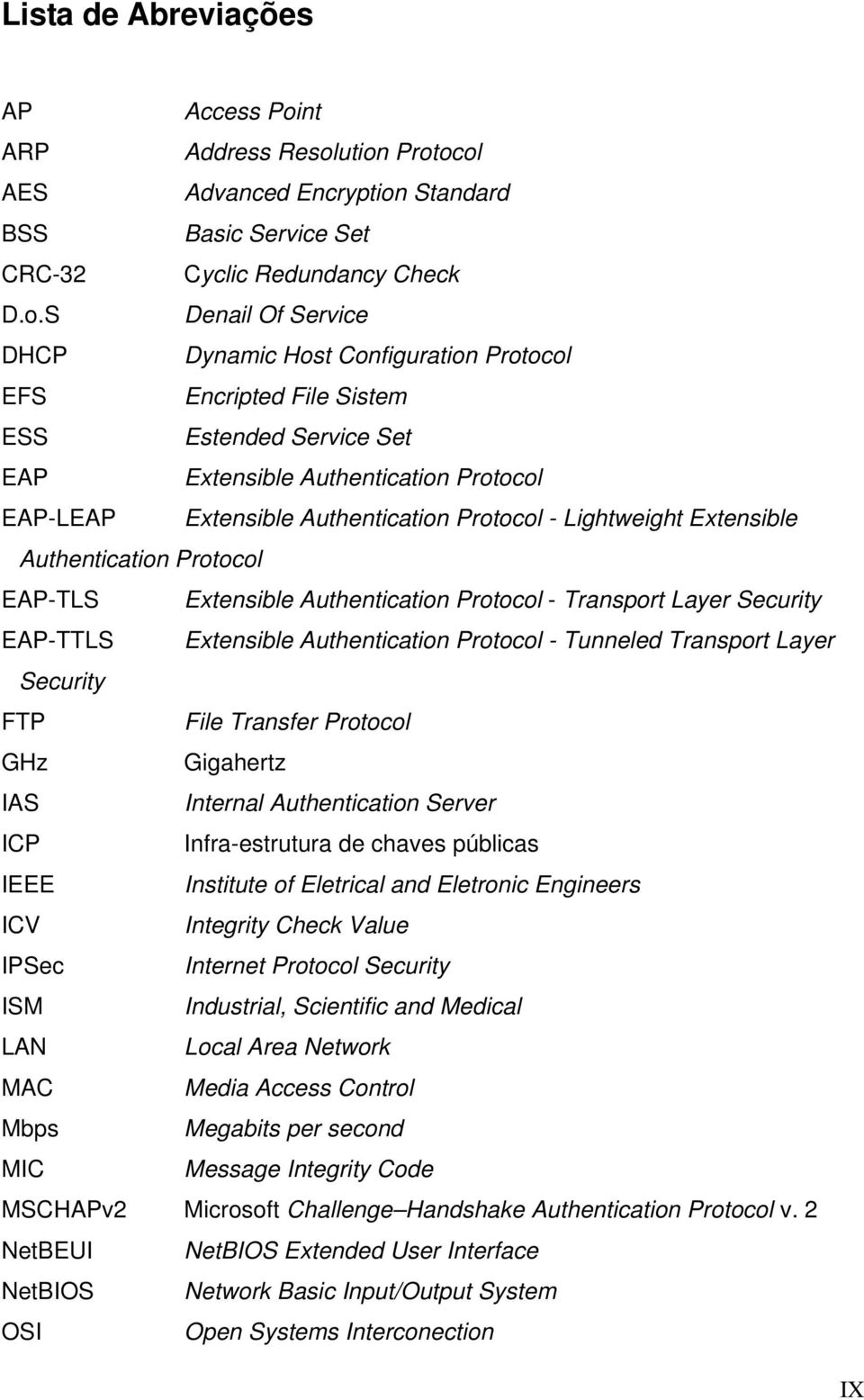 ution Protocol AES Advanced Encryption Standard BSS Basic Service Set CRC-32 Cyclic Redundancy Check D.o.S Denail Of Service DHCP Dynamic Host Configuration Protocol EFS Encripted File Sistem ESS