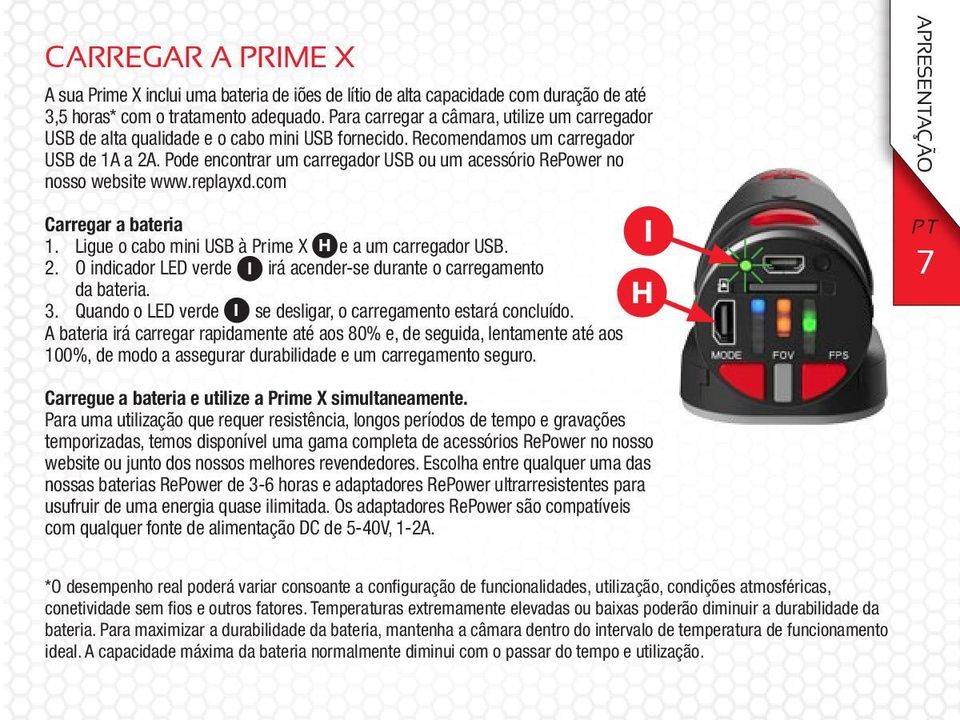 Pode encontrar um carregador USB ou um acessório RePower no nosso website www.replayxd.com Carregar a bateria I 1. Ligue o cabo mini USB à Prime X H e a um carregador USB. 2.