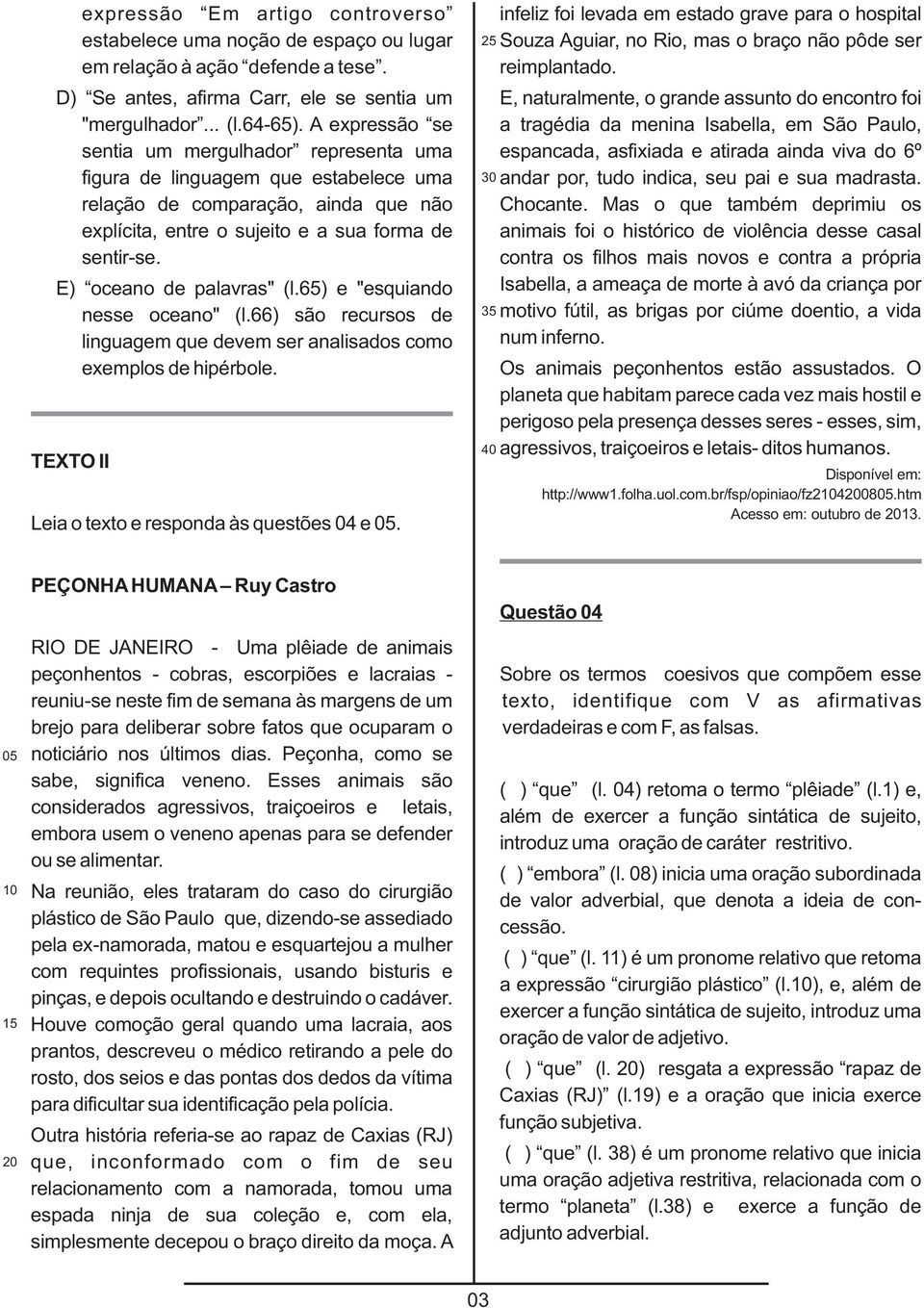 E) oceano de palavras" (l.65) e "esquiando nesse oceano" (l.66) são recursos de linguagem que devem ser analisados como exemplos de hipérbole. TEXTO II Leia o texto e responda às questões 04 e 05.