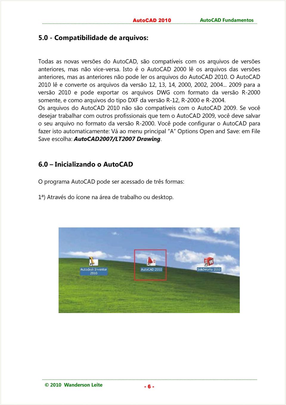 O AutoCAD 2010 lê e converte os arquivos da versão 12, 13, 14, 2000, 2002, 2004.