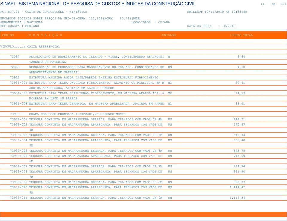 APARELHADA, APOIADA EM LAJE OU PAREDE 73931/002 ESTRUTURA PARA TELHA ESTRUTURAL FIBROCIMENTO, EM MADEIRA APARELHADA, A M2 14,53 NCORADA EM LAJE OU PAREDE 73931/003 ESTRUTURA PARA TELHA CERAMICA, EM