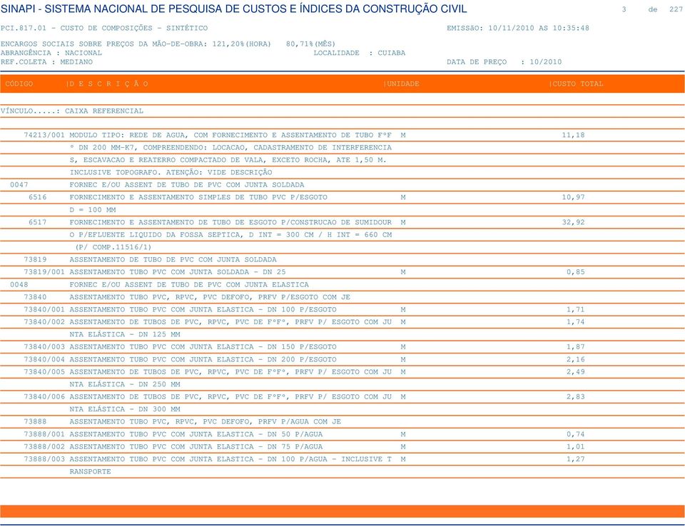 ATENÇÃO: VIDE DESCRIÇÃO 0047 FORNEC E/OU ASSENT DE TUBO DE PVC COM JUNTA SOLDADA 6516 FORNECIMENTO E ASSENTAMENTO SIMPLES DE TUBO PVC P/ESGOTO M 10,97 D = 100 MM 6517 FORNECIMENTO E ASSENTAMENTO DE