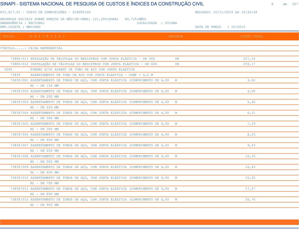 150 MM 73839/002 ASSENTAMENTO DE TUBOS DE AÇO, COM JUNTA ELÁSTICA (COMPRIMENTO DE 6,00 M 4,50 M) - DN 200 MM 73839/003 ASSENTAMENTO DE TUBOS DE AÇO, COM JUNTA ELÁSTICA (COMPRIMENTO DE 6,00 M 5,42 M)