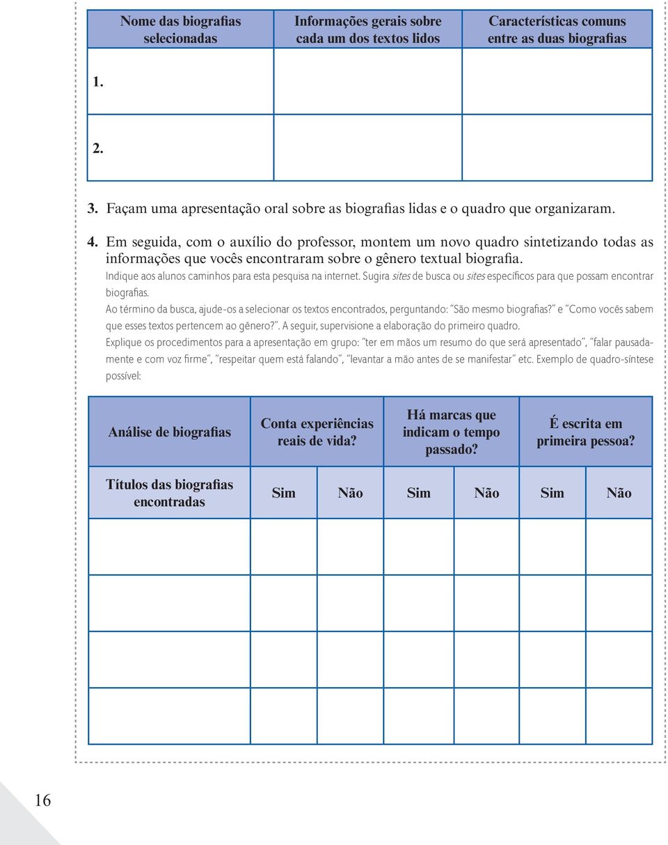 Em seguida, com o auxílio do professor, montem um novo quadro sintetizando todas as informações que vocês encontraram sobre o gênero textual biografia.