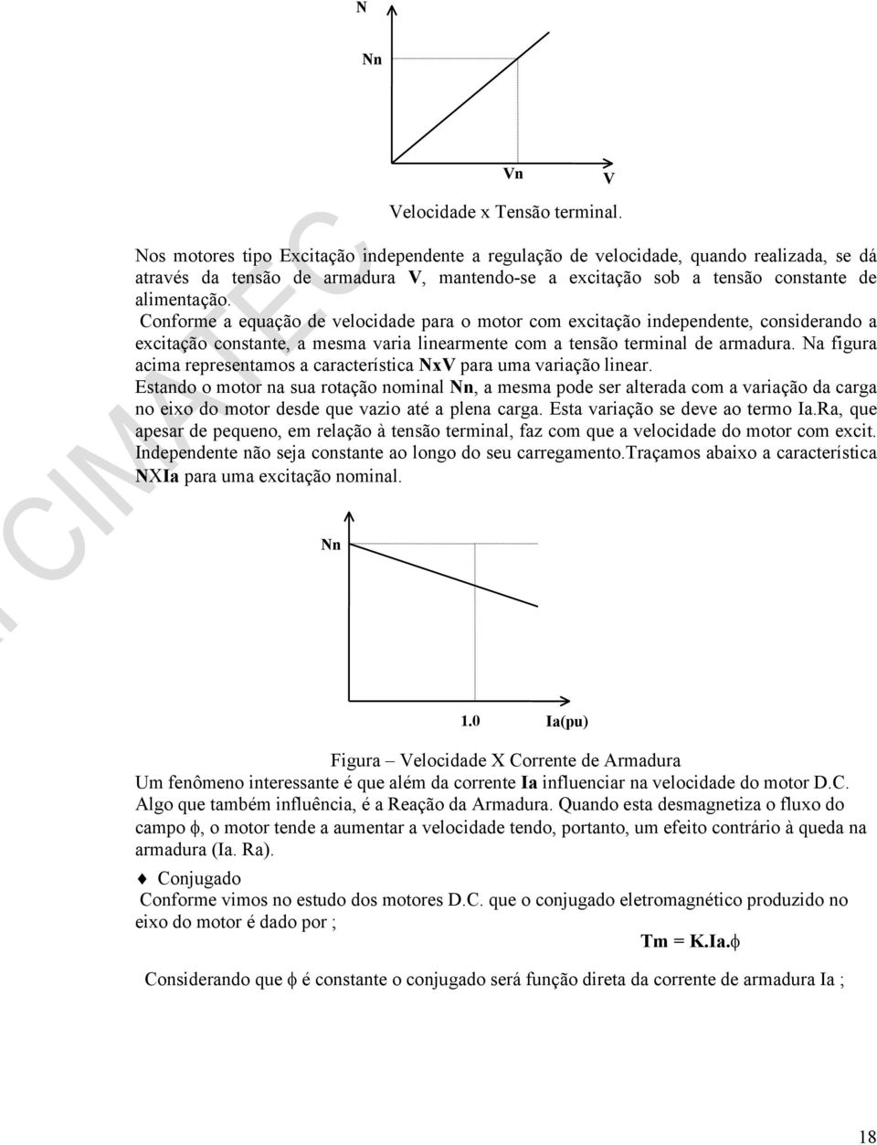 Conforme a equação de velocidade para o motor com excitação independente, considerando a excitação constante, a mesma varia linearmente com a tensão terminal de armadura.