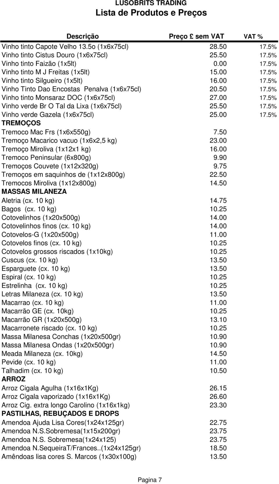 00 17.5% TREMOÇOS Tremoco Mac Frs (1x6x550g) 7.50 Tremoço Macarico vacuo (1x6x2,5 kg) 23.00 Tremoço Miroliva (1x12x1 kg) 16.00 Tremoco Peninsular (6x800g) 9.90 Tremoços Couvete (1x12x320g) 9.