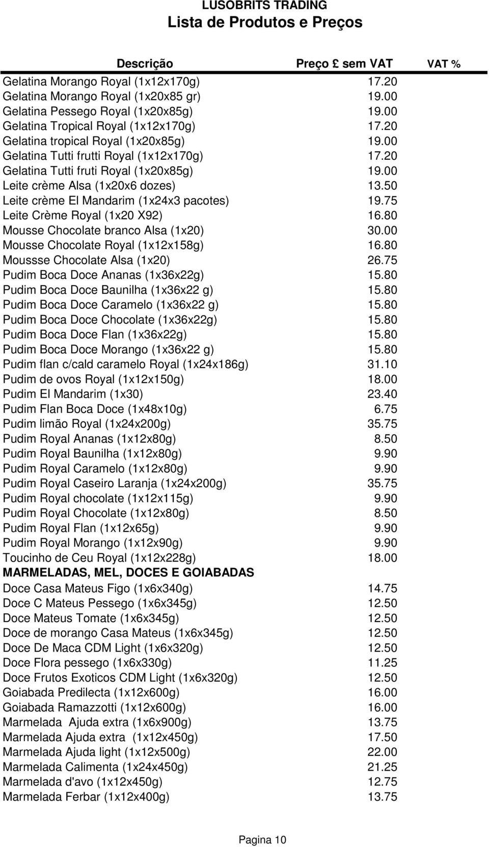50 Leite crème El Mandarim (1x24x3 pacotes) 19.75 Leite Crème Royal (1x20 X92) 16.80 Mousse Chocolate branco Alsa (1x20) 30.00 Mousse Chocolate Royal (1x12x158g) 16.