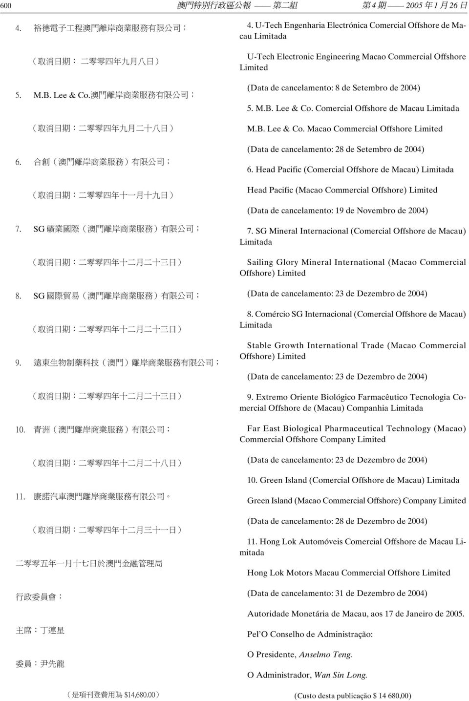 SG 礦 業 國 際 ( 澳 門 離 岸 商 業 服 務 ) 有 限 公 司 ; ( 取 消 日 期 : 二 零 零 四 年 十 二 月 二 十 三 日 ) 8. SG 國 際 貿 易 ( 澳 門 離 岸 商 業 服 務 ) 有 限 公 司 ; ( 取 消 日 期 : 二 零 零 四 年 十 二 月 二 十 三 日 ) 9.