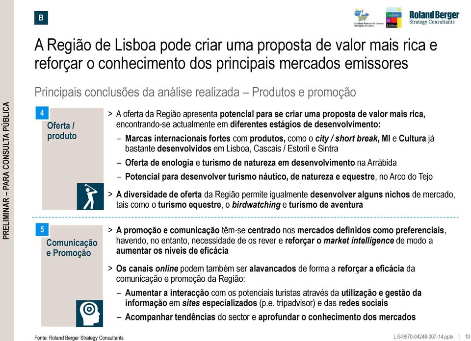 internacionais fortes com produtos, como o city / short break, MI e Cultura já bastante desenvolvidos em Lisboa, Cascais / Estoril e Sintra Oferta de enologia e turismo de natureza em desenvolvimento