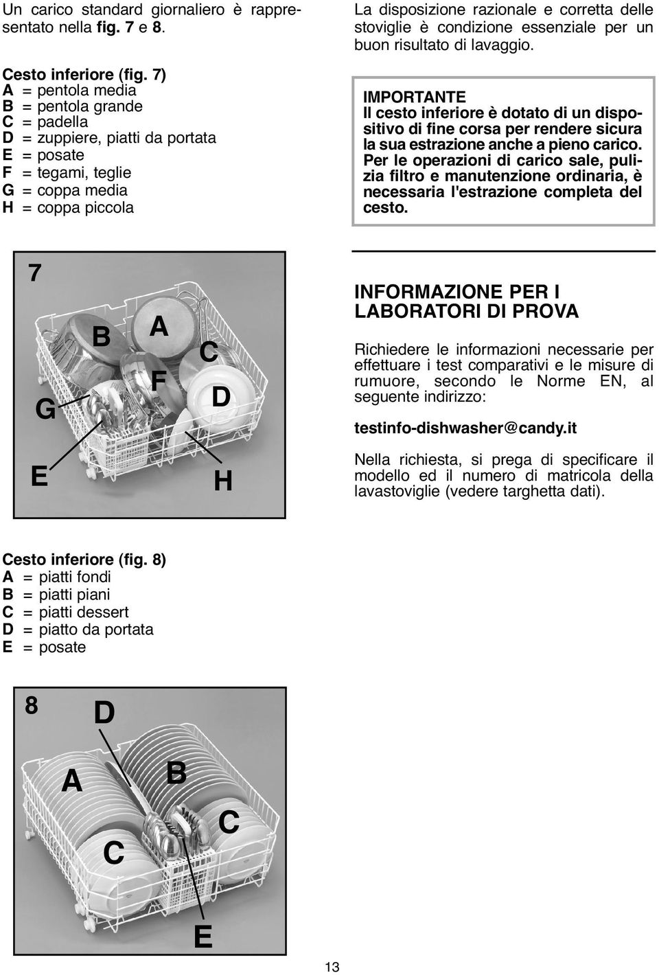 stoviglie è condizione essenziale per un buon risultato di lavaggio. IMPORTANTE Il cesto inferiore è dotato di un dispositivo di fine corsa per rendere sicura la sua estrazione anche a pieno carico.