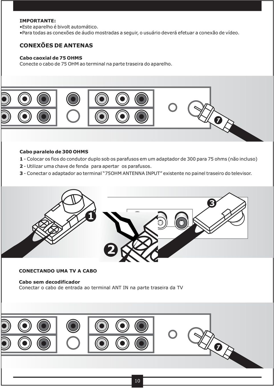 1 Cabo paralelo de 300 OHMS 1 - Colocar os fios do condutor duplo sob os parafusos em um adaptador de 300 para 75 ohms (não incluso) 2 - Utilizar uma chave de fenda