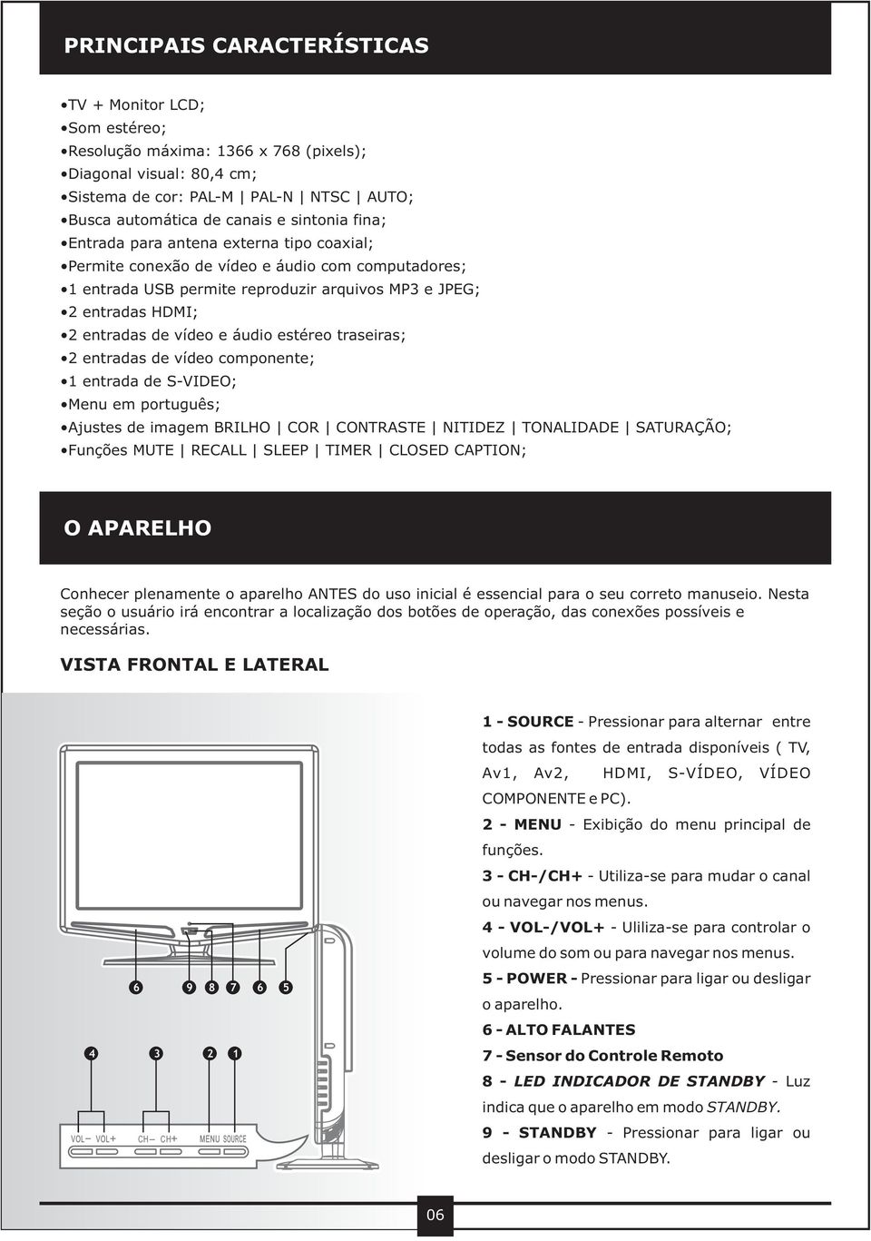estéreo traseiras; 2 entradas de vídeo componente; 1 entrada de S-VIDEO; Menu em português; Ajustes de imagem BRILHO COR CONTRASTE NITIDEZ TONALIDADE SATURAÇÃO; Funções MUTE RECALL SLEEP TIMER CLOSED