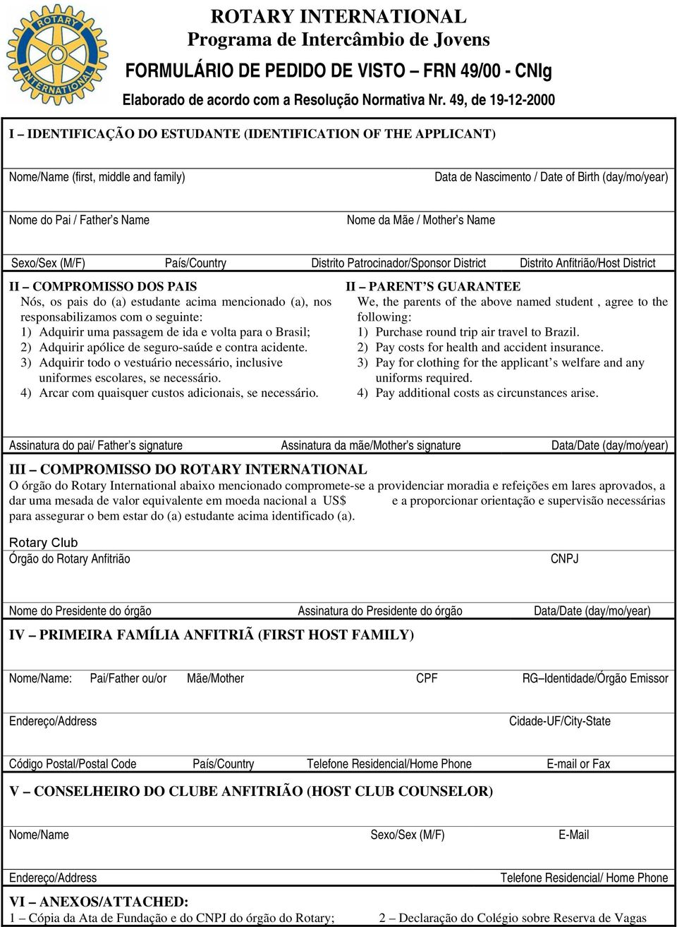 da Mãe / Mother s Name Sexo/Sex (M/F) País/Country Distrito Patrocinador/Sponsor District Distrito Anfitrião/Host District II COMPROMISSO DOS PAIS Nós, os pais do (a) estudante acima mencionado (a),