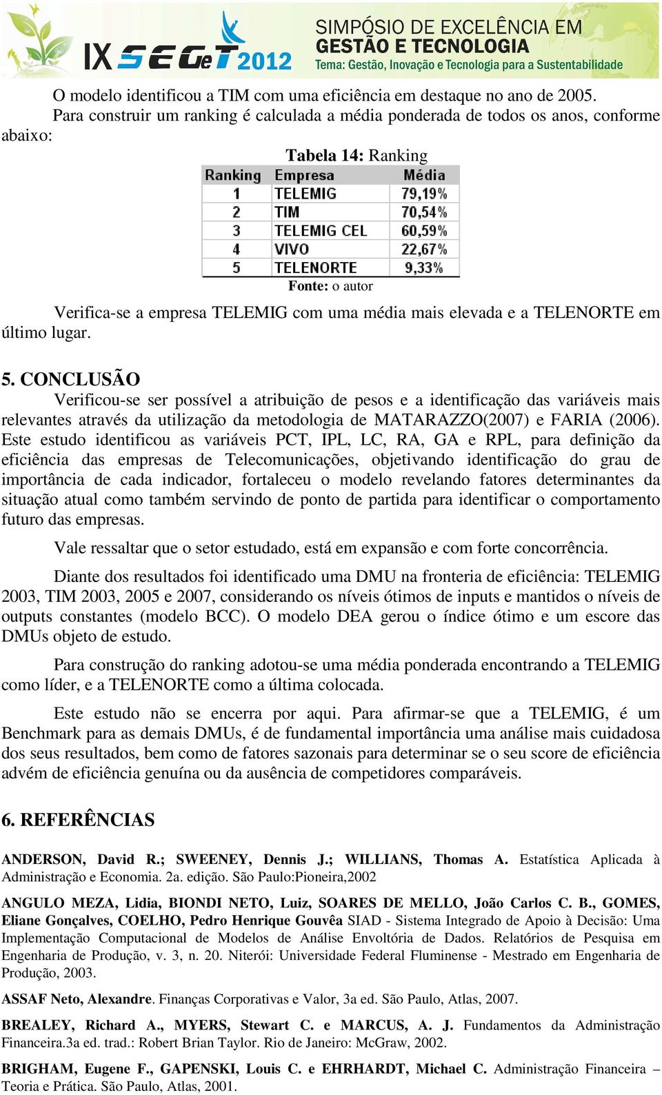 lugar. 5. CONCLUSÃO Verificou-se ser ossível a atribuição de esos e a idetificação das variáveis mais relevates através da utilização da metodologia de MATARAZZO(007) e FARIA (006).