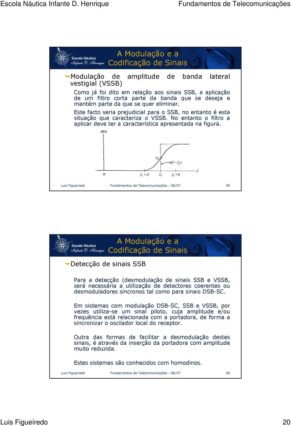 Luis Figueiredo - 06/07 39 Detecção de sinais SSB Para a detecção (desmodulação de sinais SSB e VSSB, será necessária a utilização de detectores coerentes ou desmoduladores síncronos tal como para