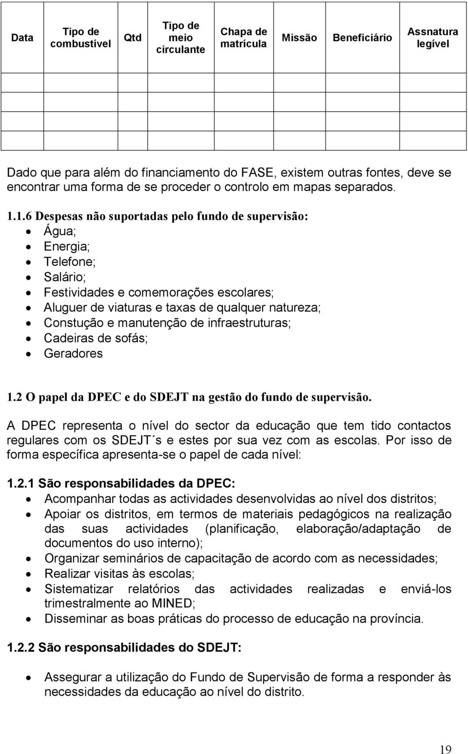 1.6 Despesas não suportadas pelo fundo de supervisão: Água; Energia; Telefone; Salário; Festividades e comemorações escolares; Aluguer de viaturas e taxas de qualquer natureza; Constução e manutenção