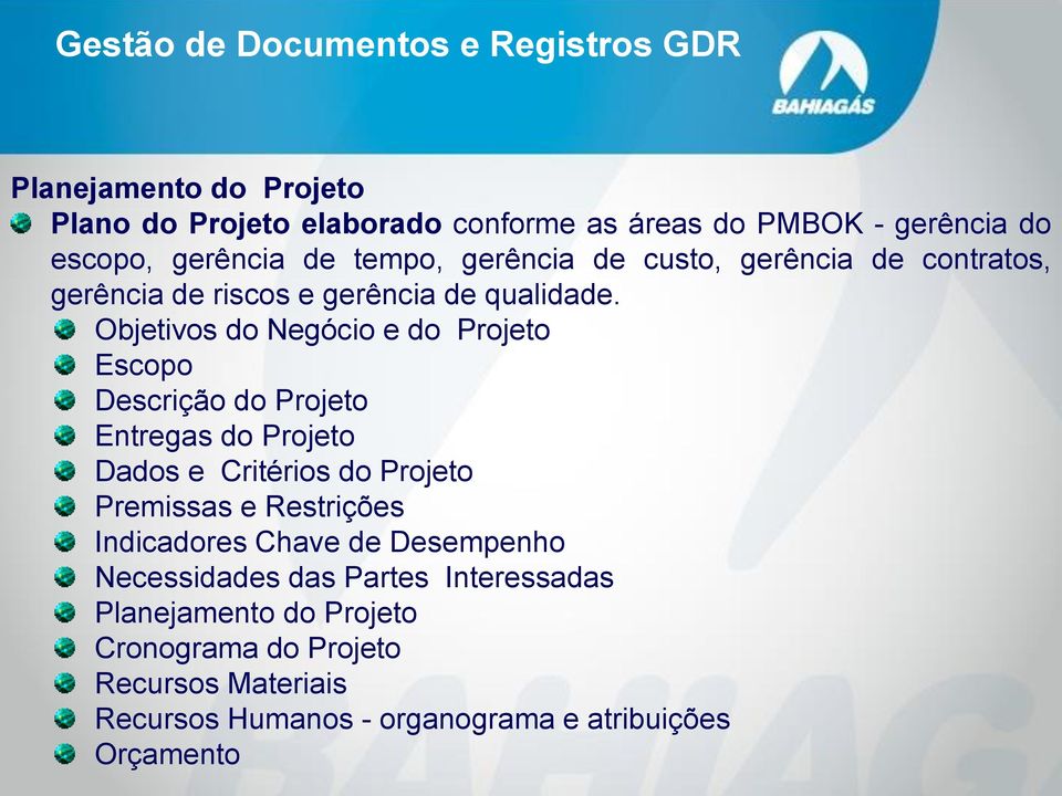 Objetivos do Negócio e do Projeto Escopo Descrição do Projeto Entregas do Projeto Dados e Critérios do Projeto Premissas e