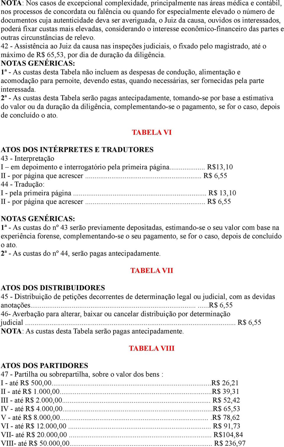 relevo. 42 - Assistência ao Juiz da causa nas inspeções judiciais, o fixado pelo magistrado, até o máximo de R$ 65,53, por dia de duração da diligência.